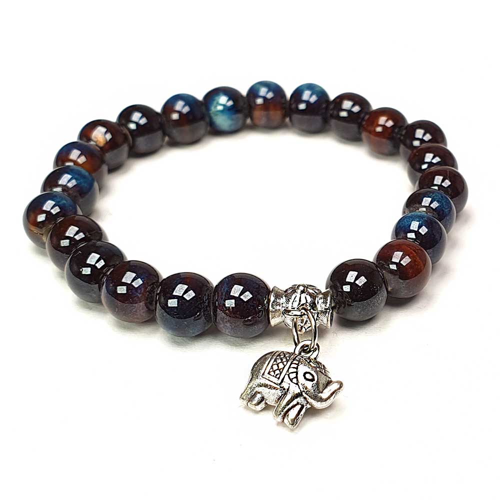 armband keramik perlen blau oliv silber elefant-1