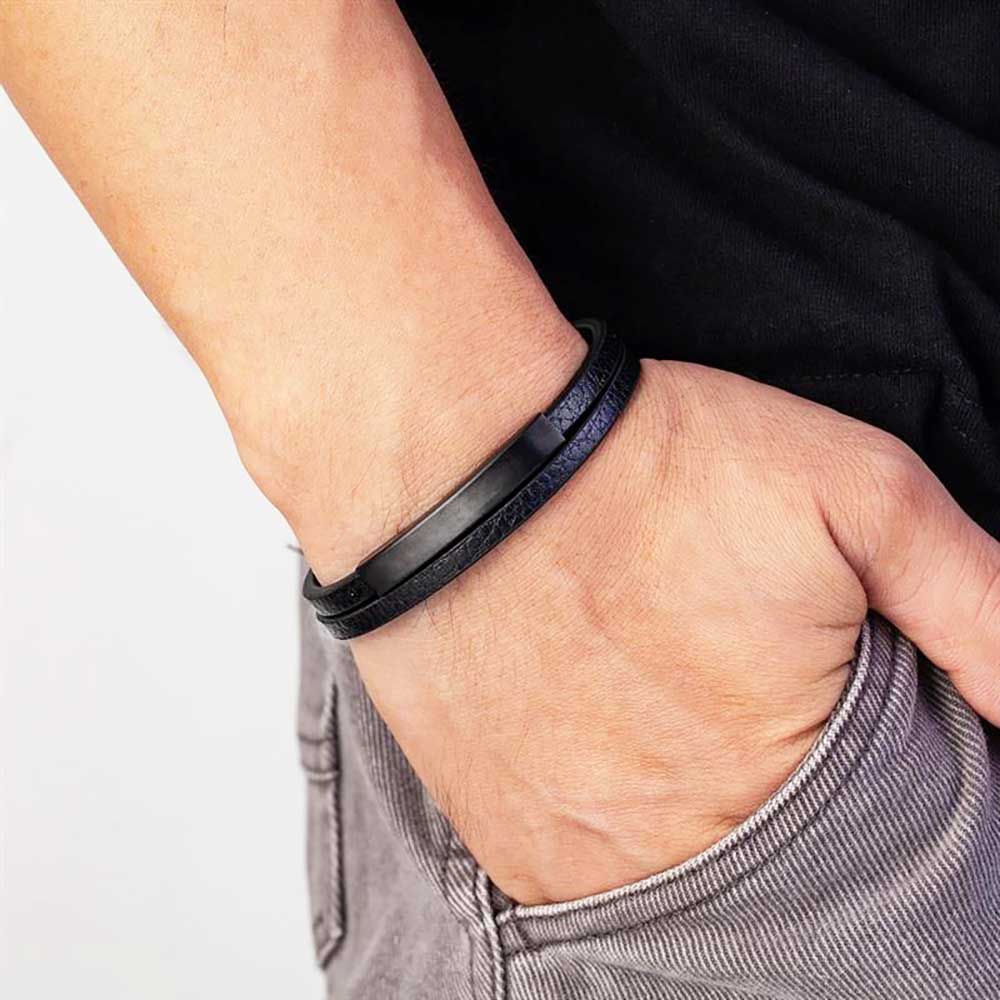 lederarmband herren edel stahl mattschwarz