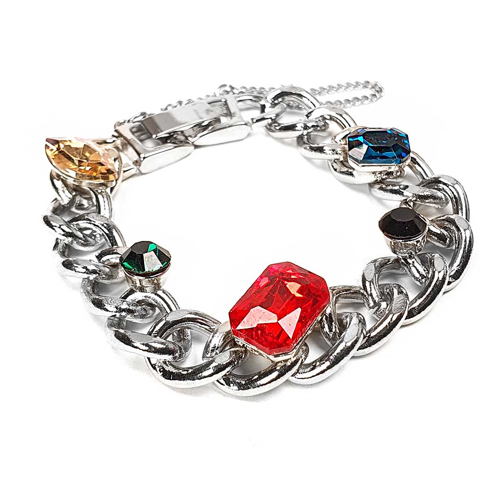 silbernes-edelstahl-armband-bunte-zirkonia silbernes gliederarmband mit zirkonia kristall